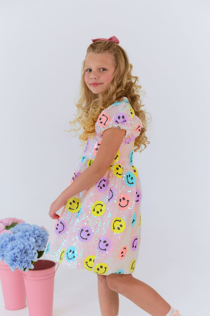 Lola & The Boys Rainbow Emoji Sequin Dress  model side