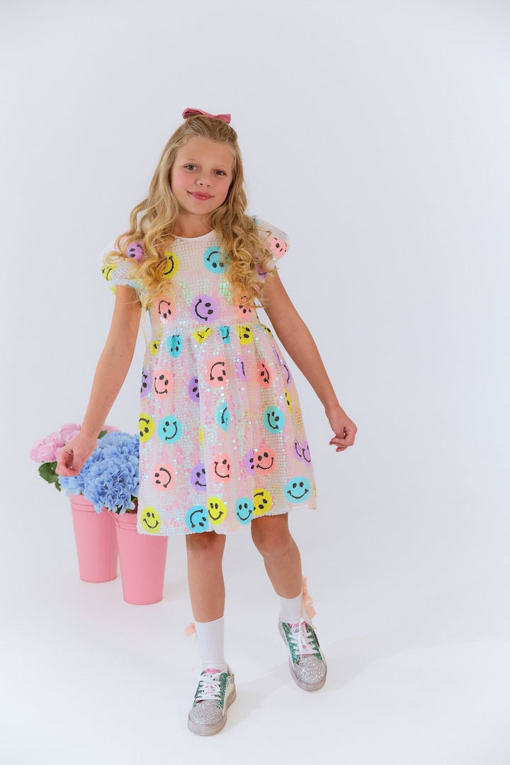 Lola & The Boys Rainbow Emoji Sequin Dress  model