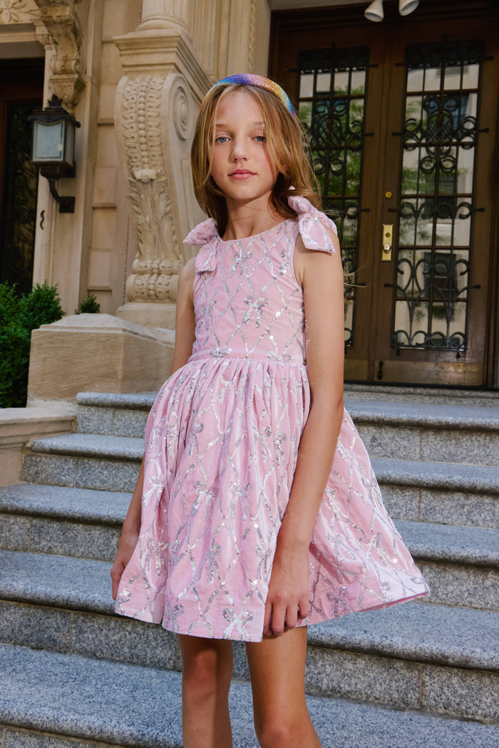 Lola & the Boys Velvet Shimmer Bow Dress stairs