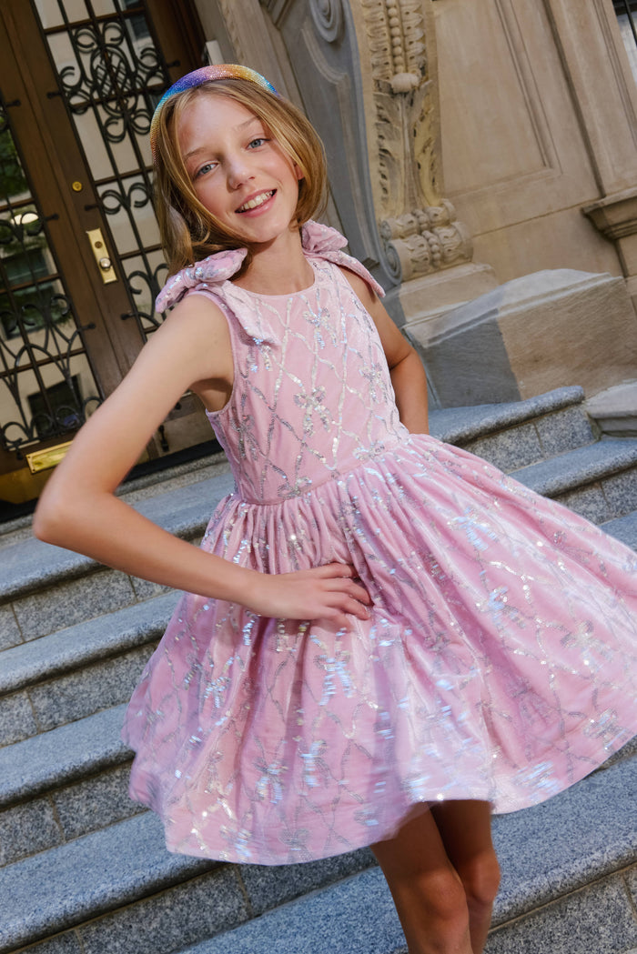 Lola & the Boys Velvet Shimmer Bow Dress model