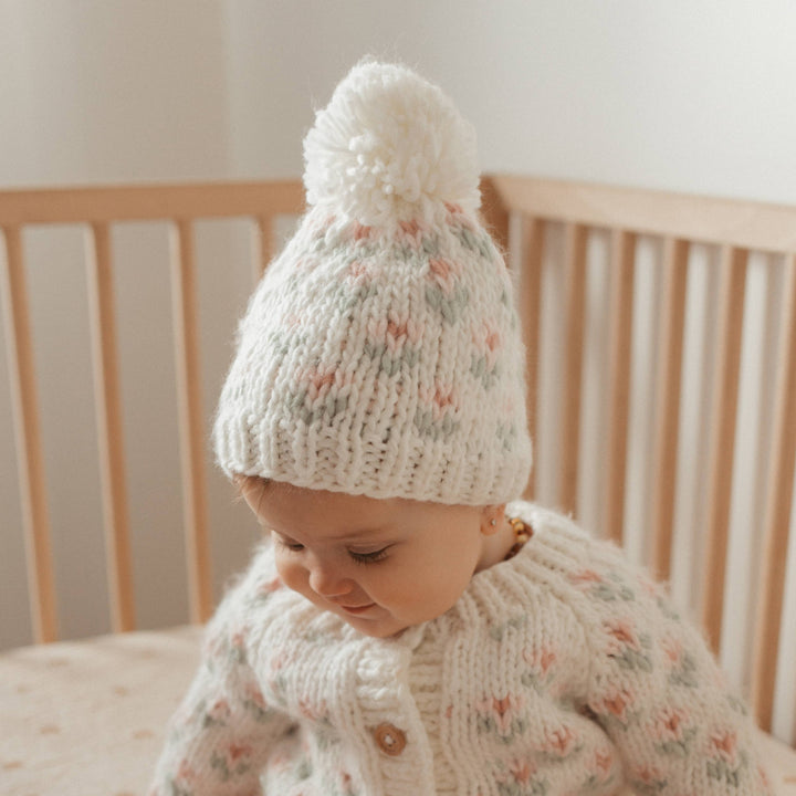 Huggalugs Bitty Blooms Blush Beanie Hat model