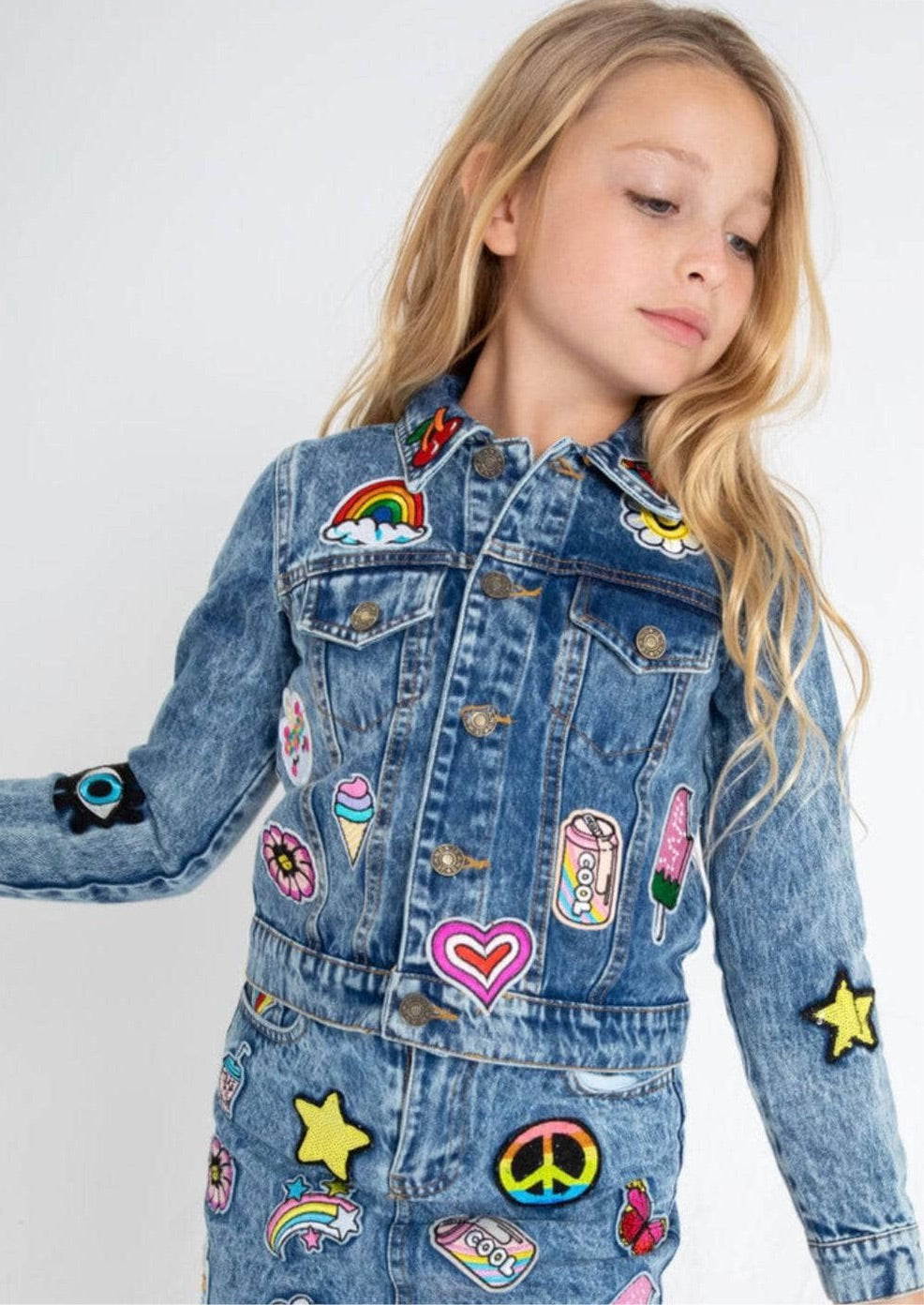 Lola + The Boys All About The Patch Crop Denim Jacket model