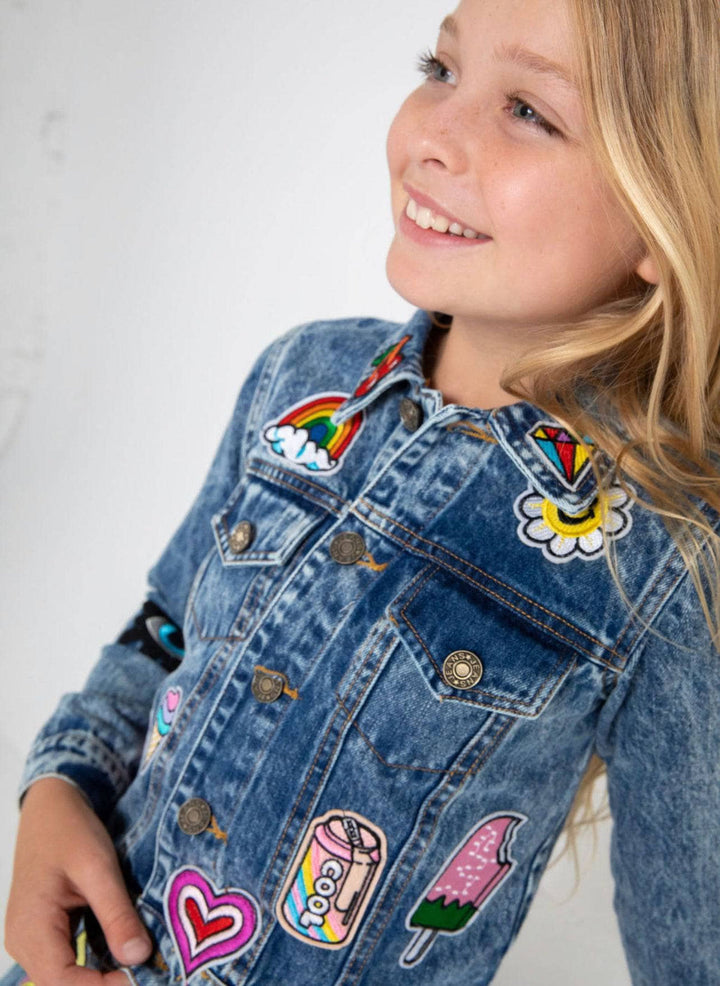 Lola + The Boys All About The Patch Crop Denim Jacket model close