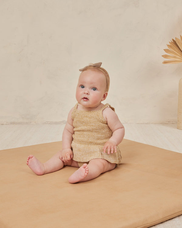 Quincy Mae Heathered Honey Knit Ruffle Romper model