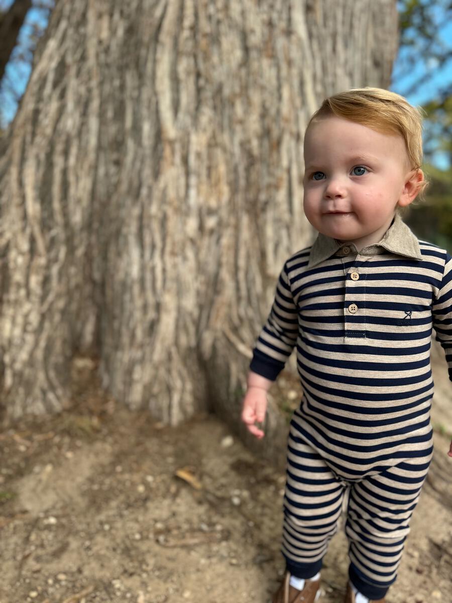 Me & Henry Kingston Polo Romper in Navy Beige model