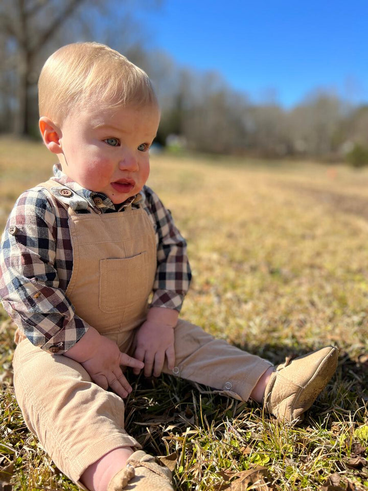 Me & Henry Jasper Bodysuit in Navy Cream Plaid  model