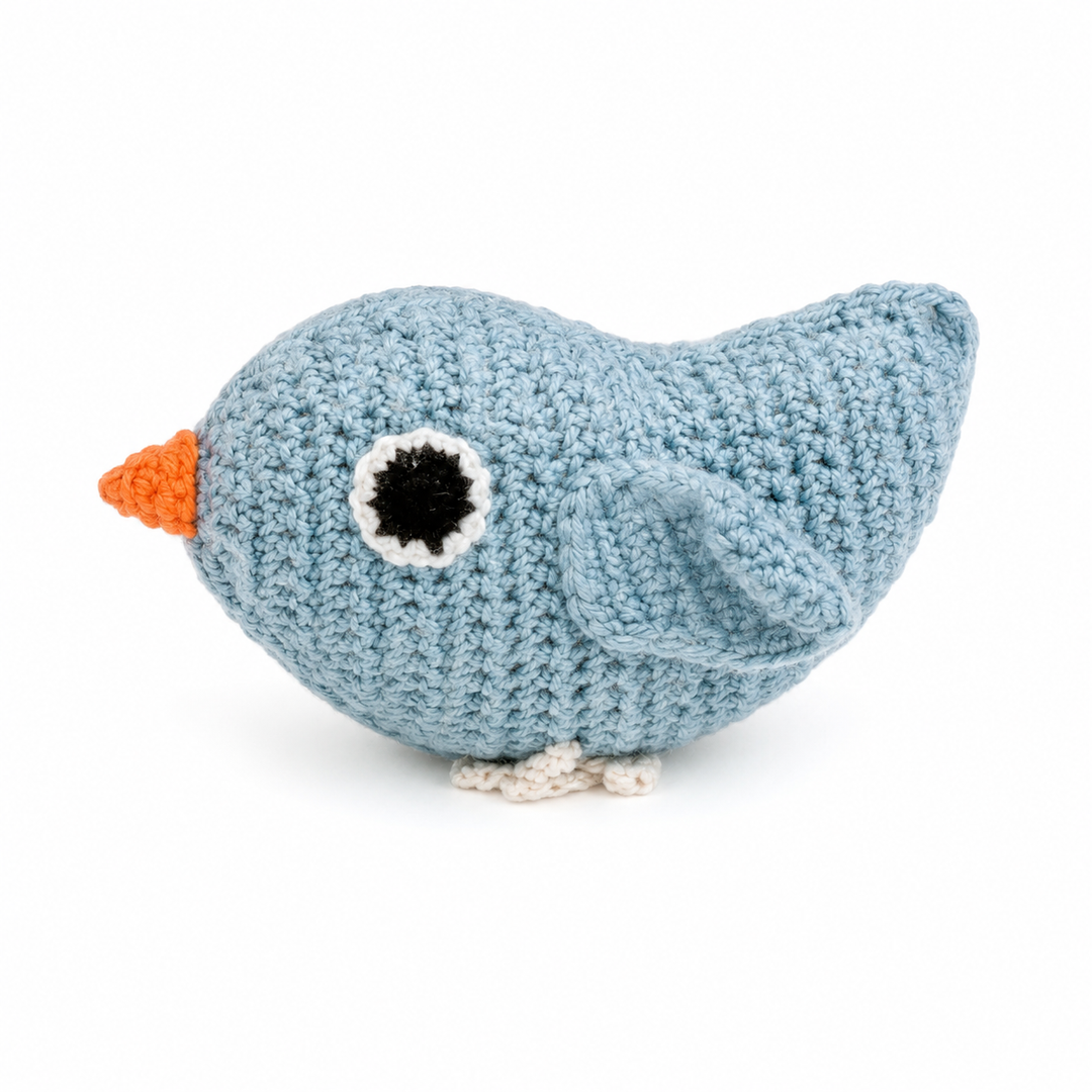 Pebble Child Blue Bird Knitted Rattle