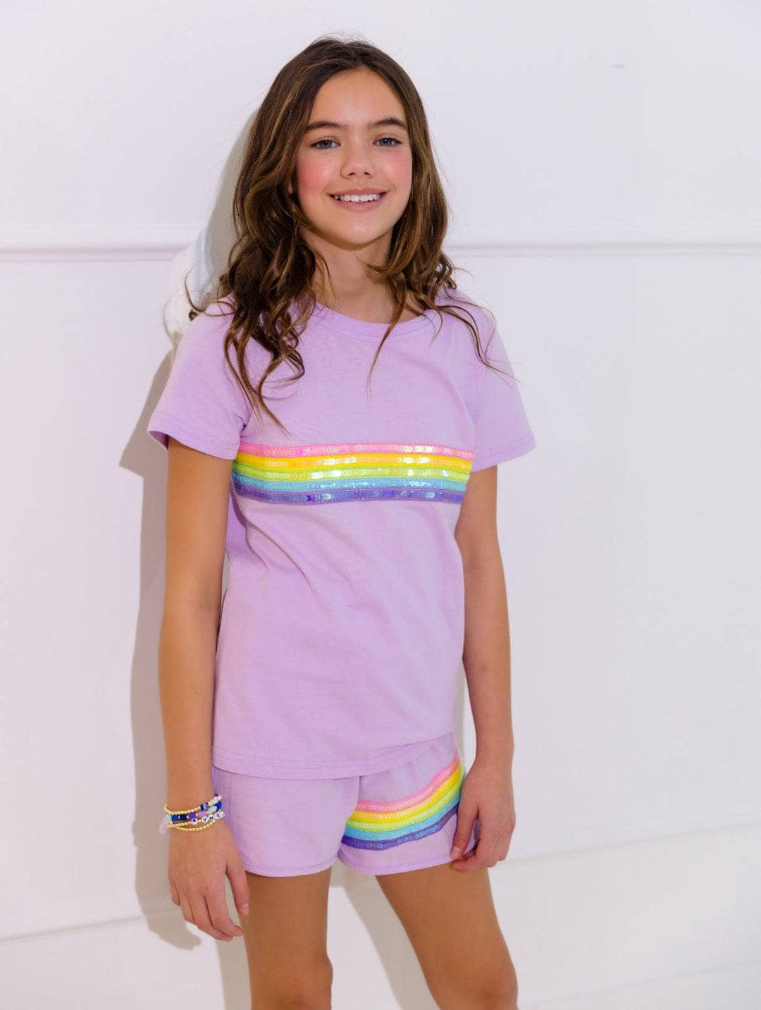 Lola + the Boys Rainbow Sequin Short Set model close