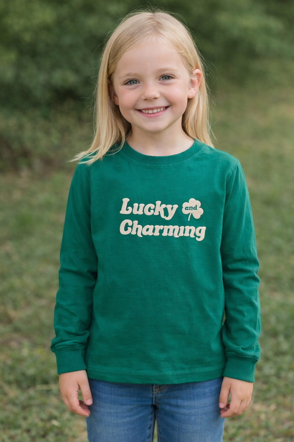 Young girl wearing a green shirt with 'Lucky Charming' text, standing outdoors.