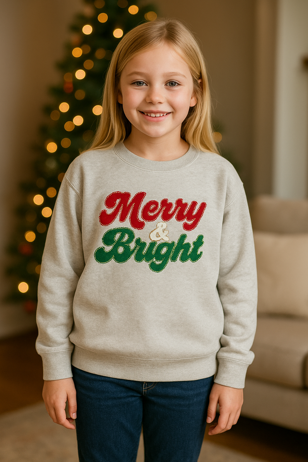 Merry & Bright chenille patch sweatshirt model