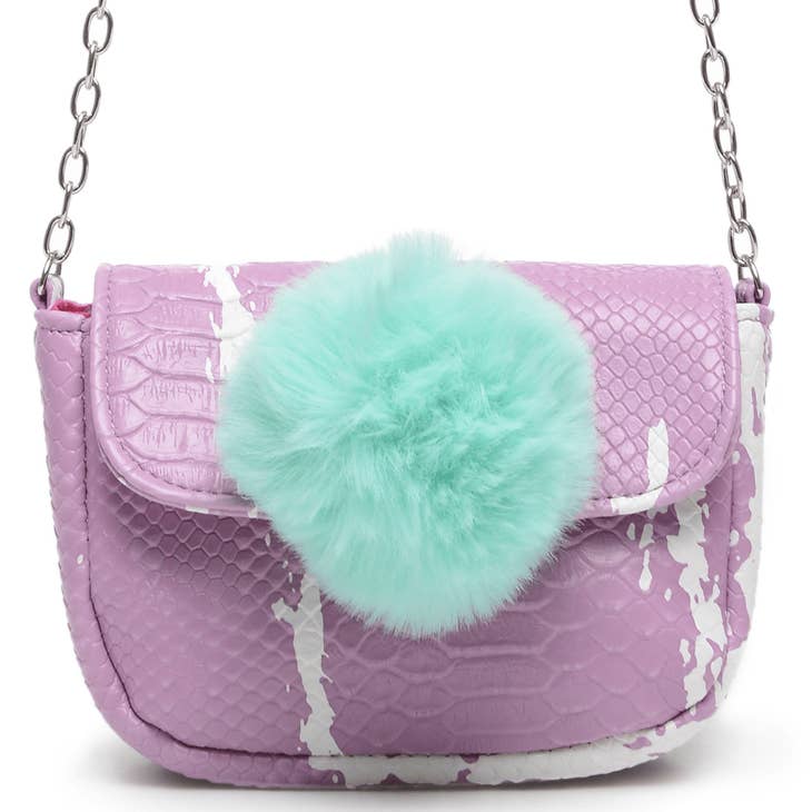 Fur Ball Cross Body Purse in Purple