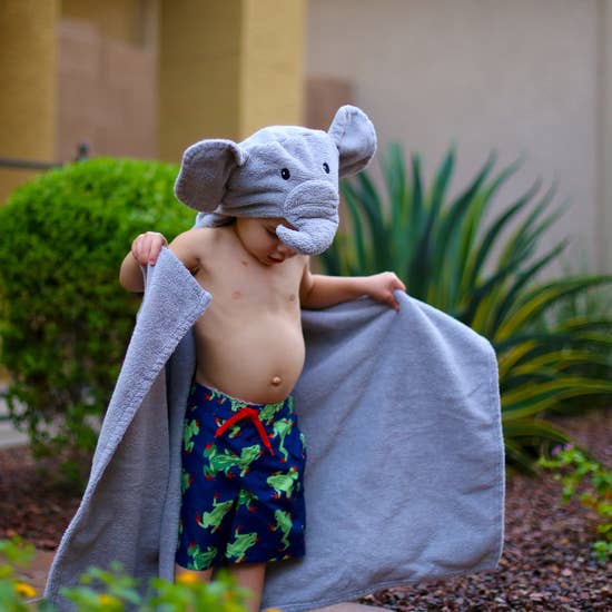 Yikes Twins Elephant Hooded Towel model trunks