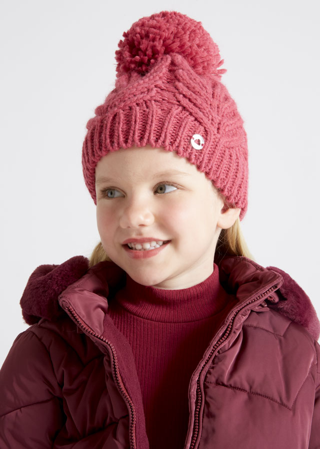 Cable Pompom Beanie in Raspberry