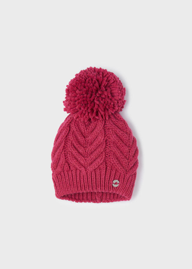 Mayoral Cable Pompom Beanie in Raspberry